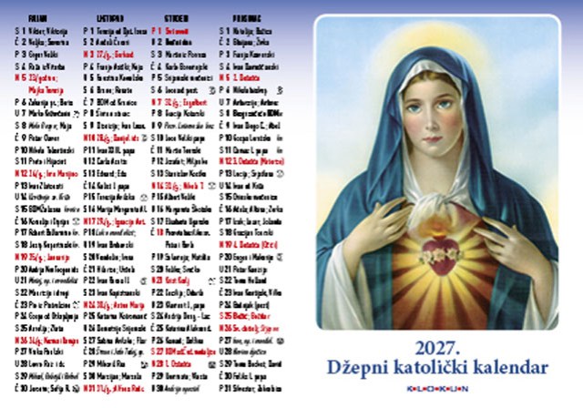 Džepni katolički kalendar na preklop 2027. - Bezgrešno Srce Marijino